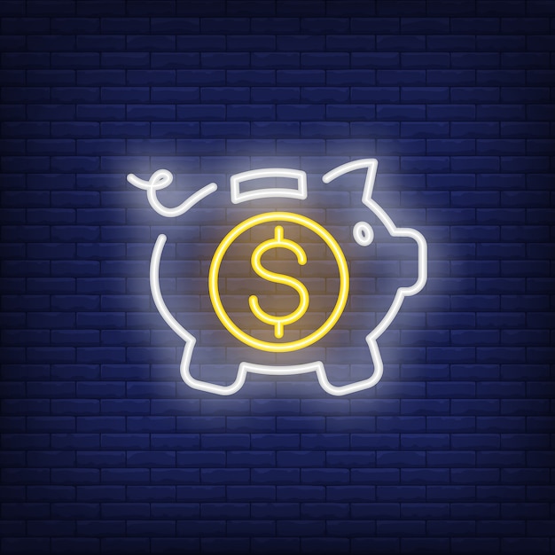 Gratis vector piggy bank met dollar munt binnen. neon teken element. nacht heldere advertentie.