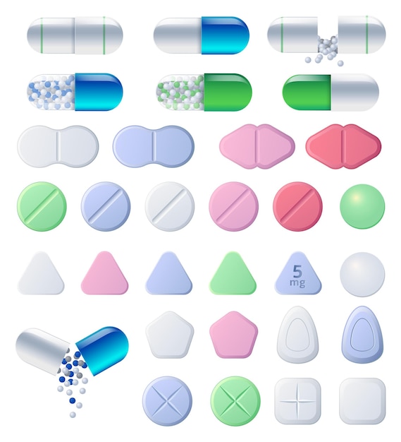 Gratis vector pillen, tabletten en medicijnen, capsules set