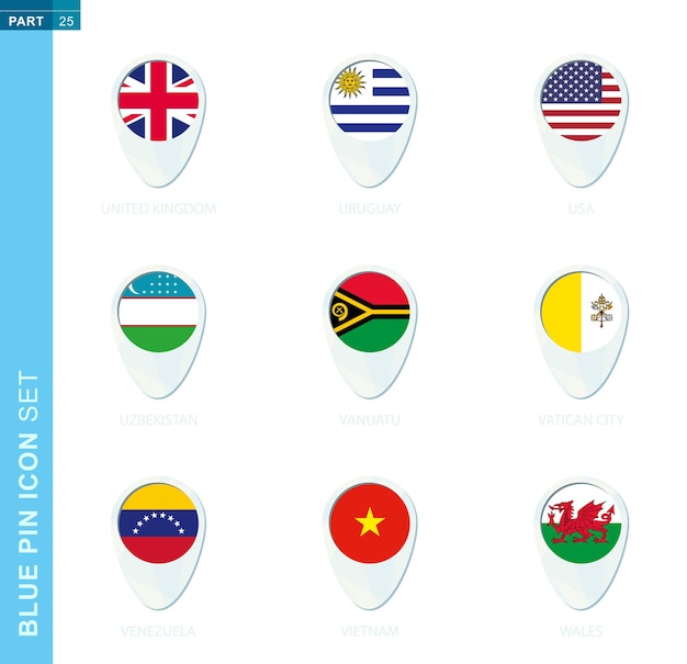 Pin vlag set, kaart locatiepictogram in blauwe kleuren met vlag van het verenigd koninkrijk, uruguay, vs, oezbekistan, vanuatu, vaticaanstad, venezuela, vietnam, wales