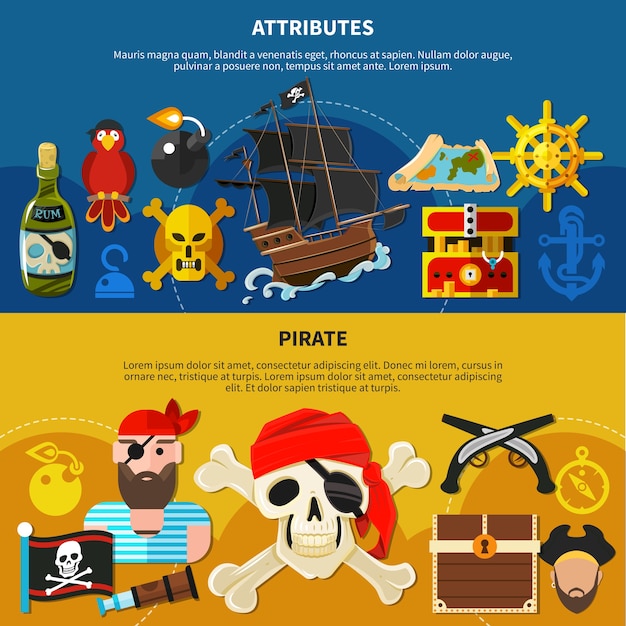 Piraat cartoon banner set met bebaarde zeeman in bandana met illustratie van het ooglapje