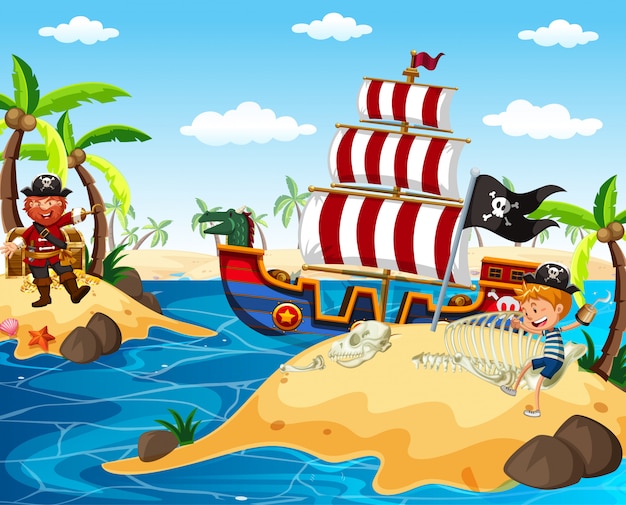 Piraat en gelukkige jongen zeilen in de oceaan