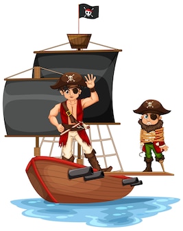 Piraatconcept met een mensenbeeldverhaalkarakter die de plank op het geïsoleerde schip lopen