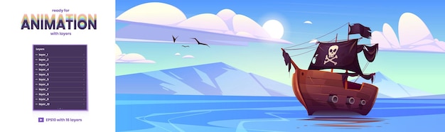 Piratenschip in zee cartoon achtergrond met lagen klaar voor spel 2d animatie scène Filibusters slagschip met zwarte zeilen vlag en vrolijke roger drijvend op de oceaan wateroppervlak vectorillustratie
