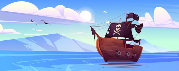 Piratenschip met zwarte zeilen en vlag met schedel