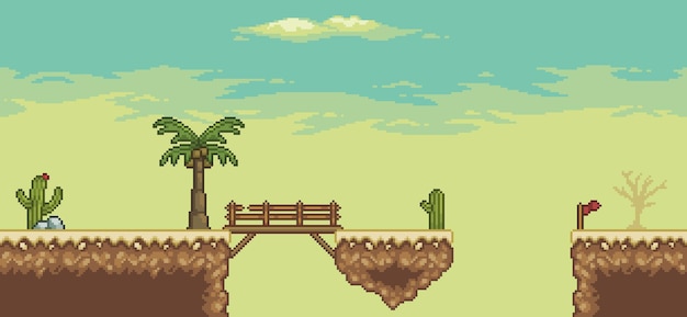 Pixel art woestijn game scene met piramide brug palmboom cactussen 8bit achtergrond