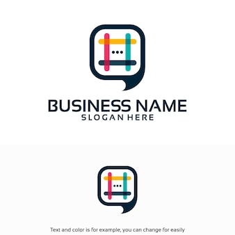 Pixel chat bespreek logo-ontwerpen vector, sjabloon voor gesprekslogo