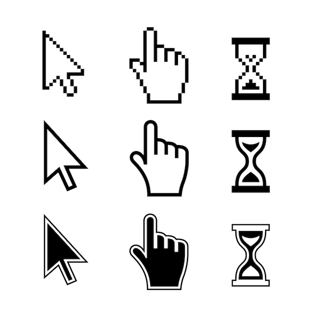 Pixel cursors pictogrammen: muis hand pijl zandloper. Vector illustratie