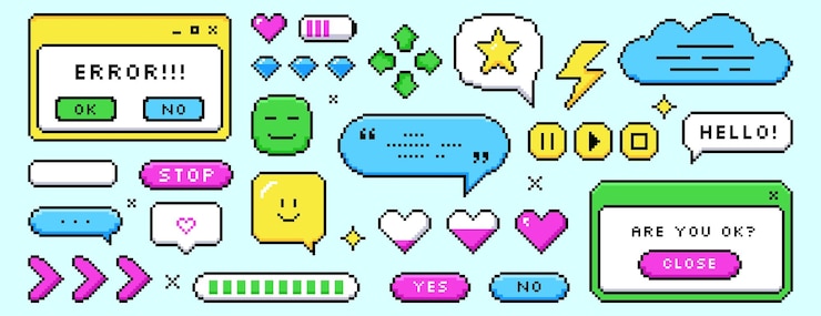 Gratis Vector pixel dialoogvakken spraak bubbels knoppen bericht frames en retro spel iconen