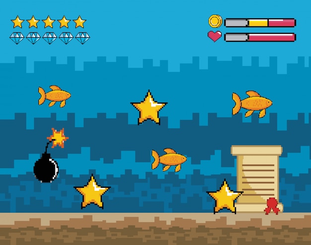 Pixelated videogamen overwater scène met ster en hart leven bars