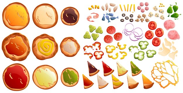Pizza constructor voedsel maker met bases toppings en ingrediënten voor boek van recepten kookles Italiaans café of pizzeria menu ontwerp Plantaardige kaas worstjes zeevruchten Cartoon vector set