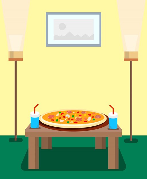 Pizza En Koolzuurhoudende Dranken Cartoon Afbeelding Premium Vector
