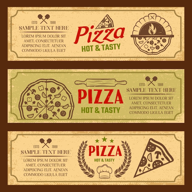 Gratis vector pizza horizontale vintage stijl banners set