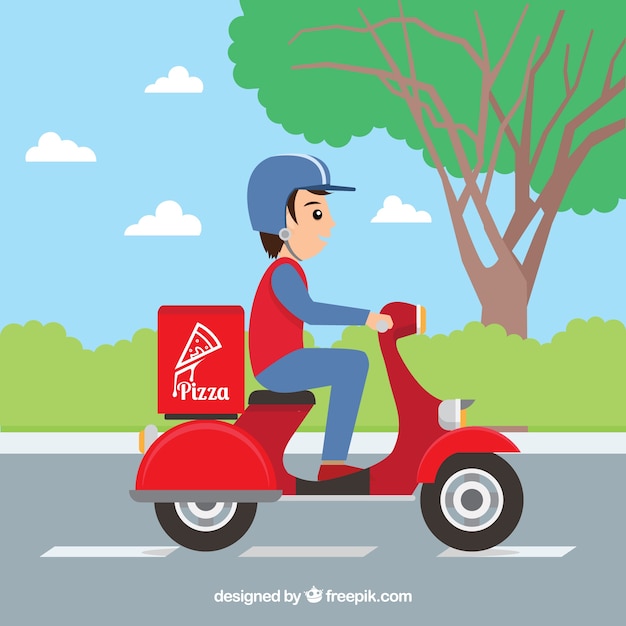 Pizza levering op scooter met plat ontwerp