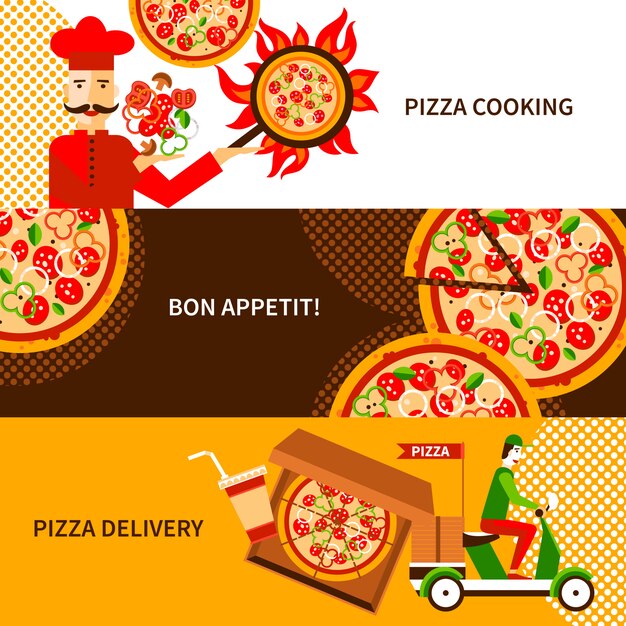 Pizza levering vlakke horizontale banners instellen