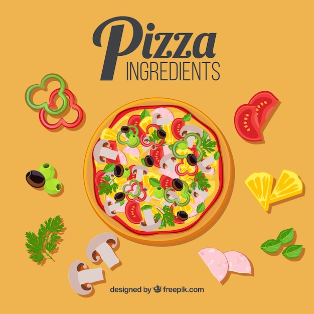 Gratis vector pizza met ingrediënten rond