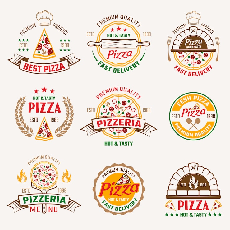 Gratis Vector pizzeria gekleurde emblemen
