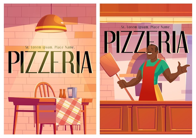 Gratis vector pizzeria posters met gezellig café interieur en chef