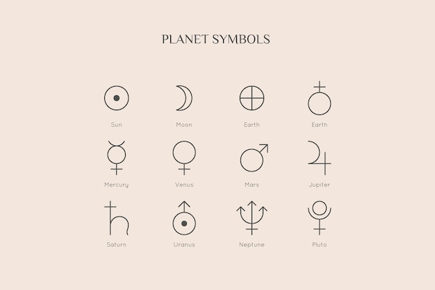 Planeet symboolpictogrammen in minimale trendy voeringstijl. vector astrologisch teken: zon, maan, aarde, mercurius, venus, mars, jupiter, saturnus, uranus, neptunus, pluto voor logo tattoo kalender horoscoop
