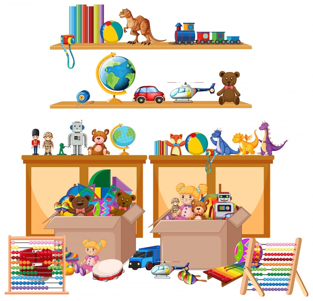 Plank vol boeken en speelgoed op wit