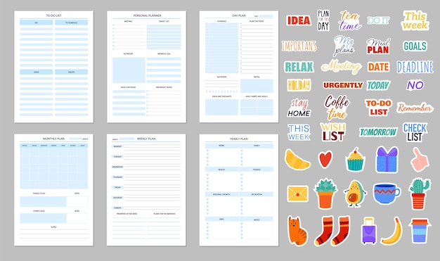 Planners en dagelijkse notitieboekjes met een set stickersjablonen versierd met cartoonafbeeldingen en handgeschreven belettering platte geïsoleerde vectorillustratie