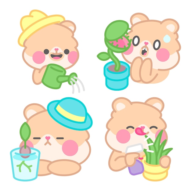 Gratis vector planten en bloemen stickers collectie met kimchi de hamster