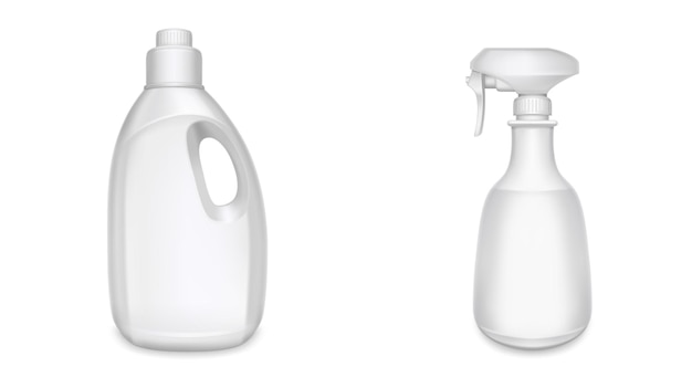 Plastic flessen voor huishoudelijke chemicaliën, wasmiddel, zeep en reinigingsmiddelen. Vector realistische mockup van 3d lege containers met reinigingsmiddel en spray geïsoleerd op een witte achtergrond