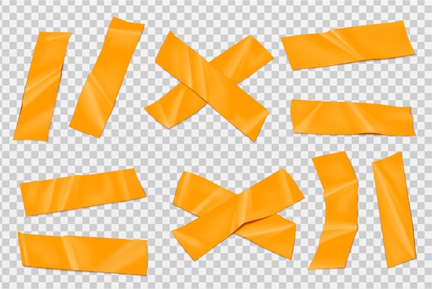 Gratis vector plastic kleverige duct tape kleur set van realistische beelden met oranje tape stukken op transparante achtergrond vector illustratie