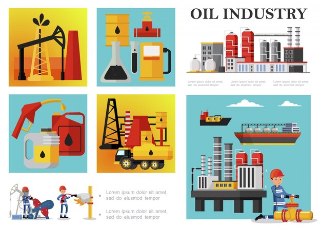 Plat aardolie-industrie samenstelling met petrochemische fabriek booreiland boortoren brandstof vrachtwagen tankers industriële arbeiders olievaten blikjes tankstation pomp