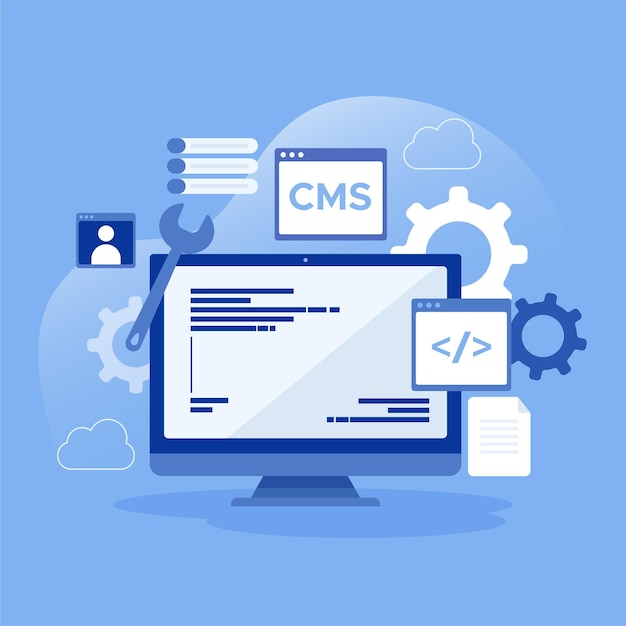 Gratis vector plat cms-concept in blauwe tinten