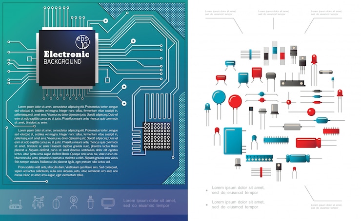 Gratis Vector plat elektronische componenten samenstelling met elektrische printplaat microchips diodes condensatoren en transistors