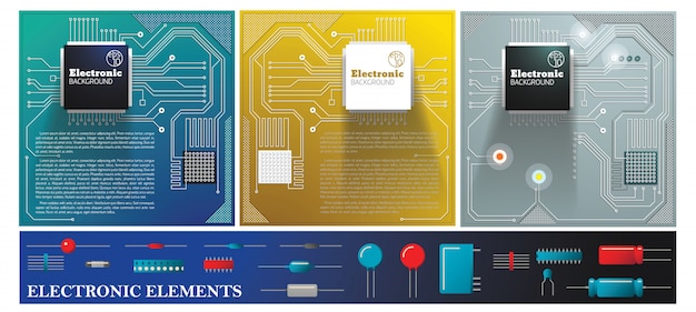 Plat elektronische kleurrijke compositie met elektrische printplaten diodes transistors condensatoren en weerstanden