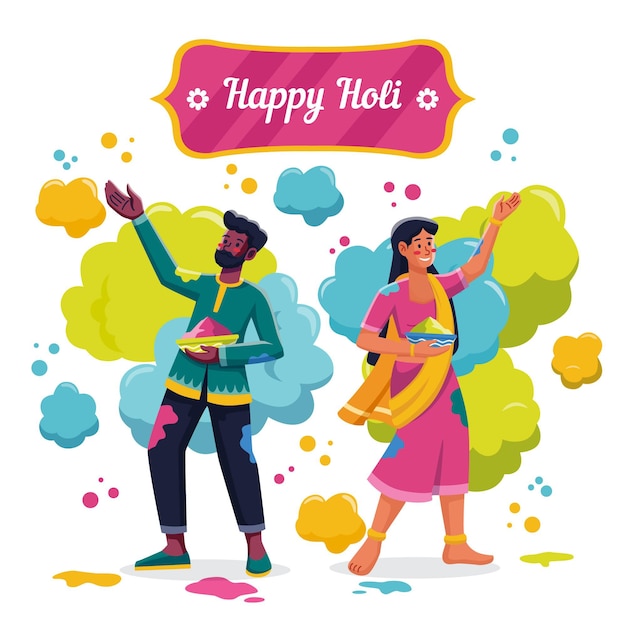 Gratis vector plat gedetailleerde mensen vieren holi festival illustratie