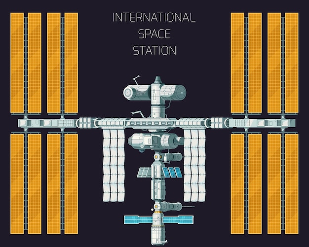 Plat gekleurd orbitaal internationaal ruimtestationconcept met bovenaanzicht en gele panelen