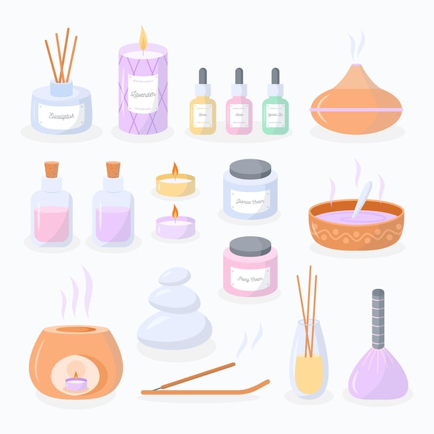 Gratis vector plat handgetekend aromatherapie-elementpakket