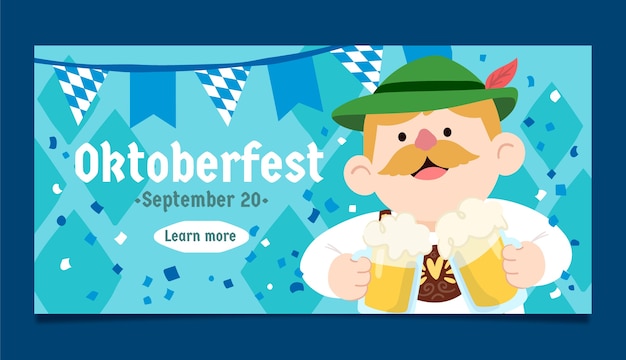 Gratis vector plat horizontaal bannermalplaatje voor de oktoberfest-viering van het bierfestival