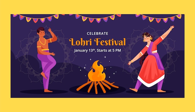 Gratis vector plat horizontaal bannermalplaatje voor de viering van het lohri-festival