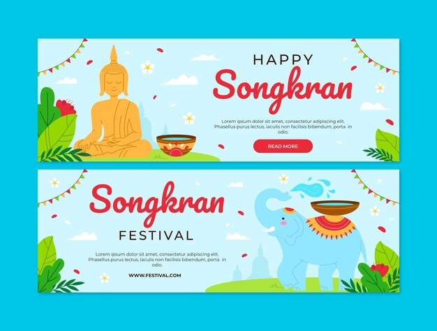 Plat horizontaal bannermalplaatje voor de viering van het songkran-waterfestival