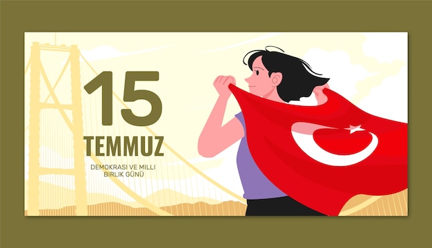 Gratis vector plat horizontaal spandoeksjabloon voor 15 temmuz