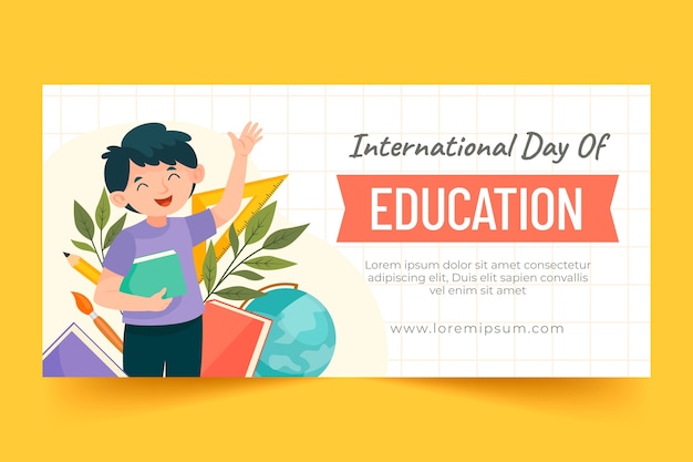 Gratis vector plat horizontaal spandoeksjabloon voor internationale dag van het onderwijs