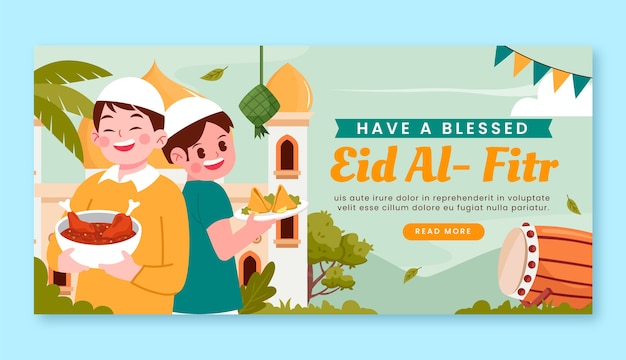 Gratis vector plat horizontaal spandoeksjabloon voor islamitische eid al-fitr-viering