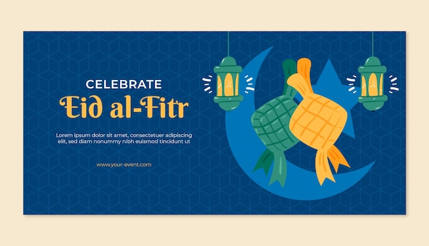 Gratis vector plat horizontaal spandoeksjabloon voor islamitische eid al-fitr-viering