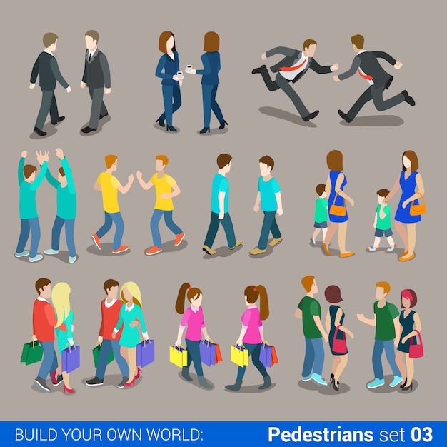 Gratis vector plat isometrische hoge kwaliteit stad voetgangers pictogrammenset business mensen casual tieners paren uitvoering boodschappentassen bouwen uw eigen wereld web infographics collectie
