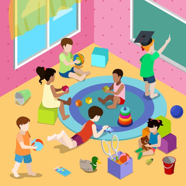 Gratis vector plat isometrische illustratie met kinderen spelen in de peuterspeelzaal of kinderdagverblijf interieur