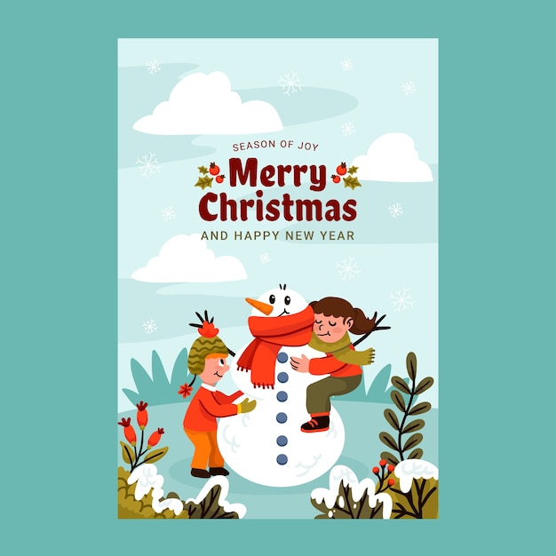 Gratis vector plat kerst verticaal behang met sneeuwpop en kinderen