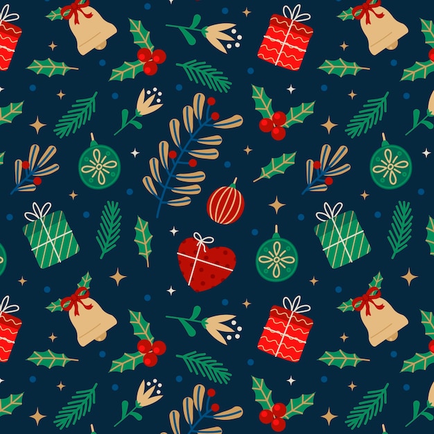Gratis vector plat kerstpatroonontwerp met cadeautjes en maretak