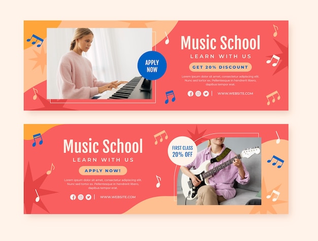 Plat muziekonderwijs en sjabloon voor horizontale verkoopbanners op school