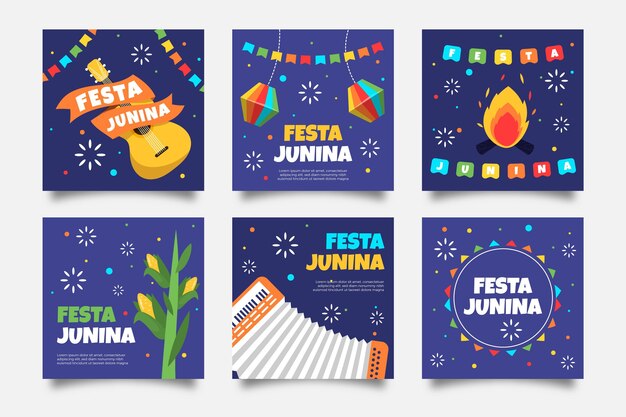 Gratis vector plat ontwerp festa junina kaart gitaar en kampvuur