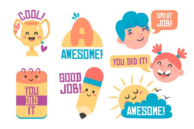 Plat ontwerp goed werk en geweldig werk stickerset