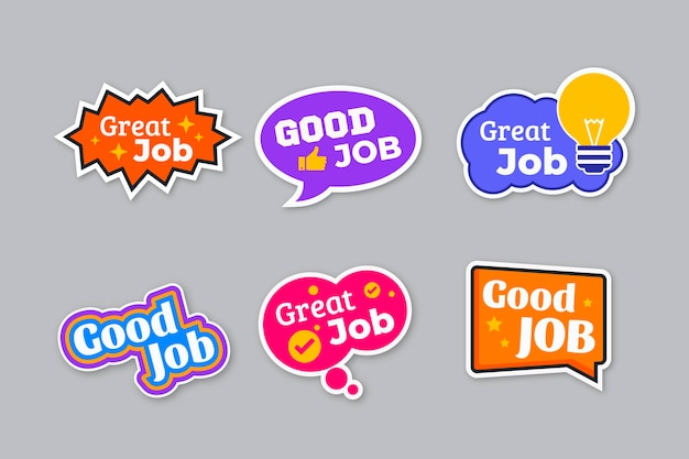 Plat ontwerp goed werk en geweldig werk stickerset