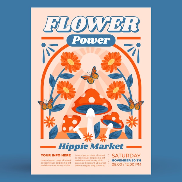 Gratis vector plat ontwerp hippie markt poster sjabloon